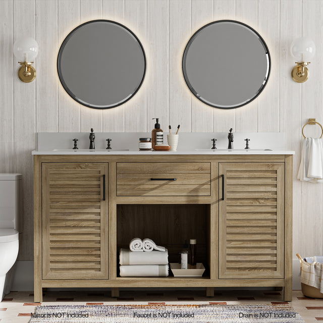 60-Inch Double Sink Bathroom Vanity, Fully Assembled, with Quartz Countertop & cUPC Ceramic Sinks | Wood Grain Finish Vanity Cabinet for Family Bathrooms