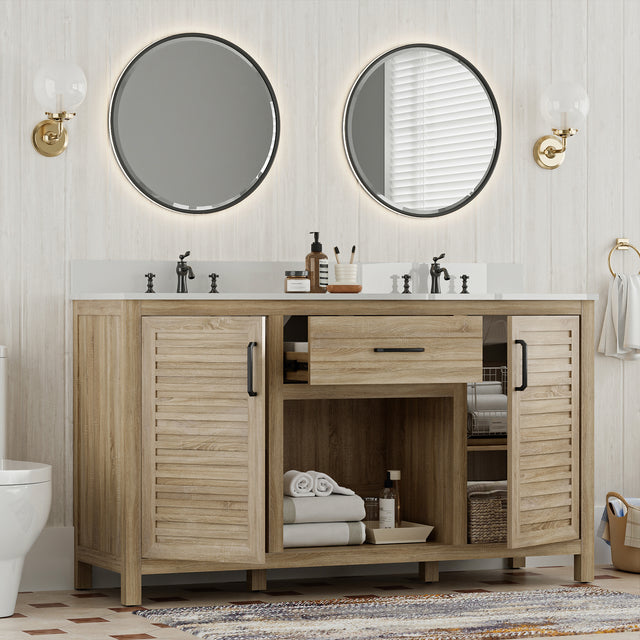 60-Inch Double Sink Bathroom Vanity, Fully Assembled, with Quartz Countertop & cUPC Ceramic Sinks | Wood Grain Finish Vanity Cabinet for Family Bathrooms