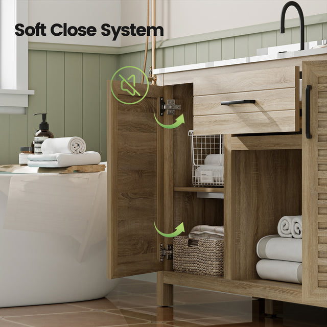 60-Inch Double Sink Bathroom Vanity, Fully Assembled, with Quartz Countertop & cUPC Ceramic Sinks | Wood Grain Finish Vanity Cabinet for Family Bathrooms