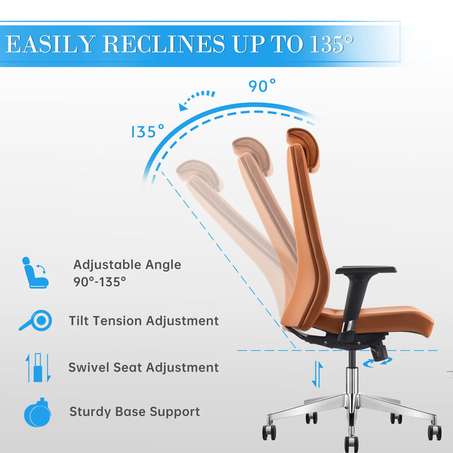 ALFA Ergonomic Executive Leather Office Desk Chair with Head Rest, Height adjustable armrest, Tilt and Lumbar Support, Navy blue, Light Brown