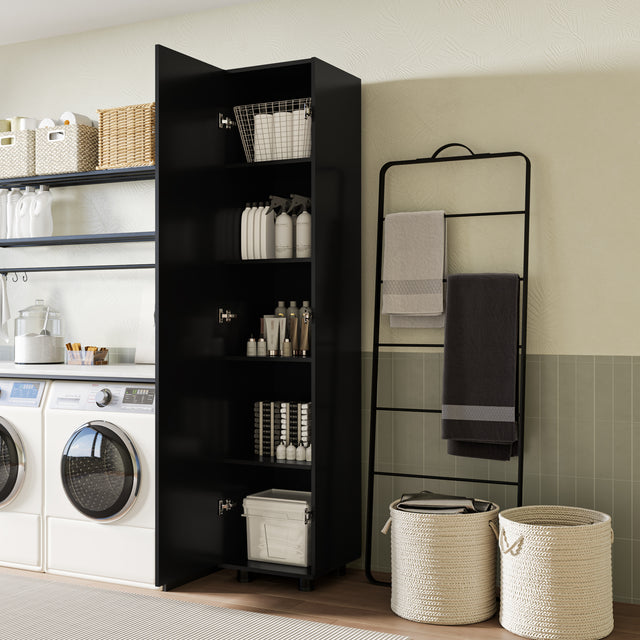 75"H Narrow Pantry Storage Cabinet Single Door with Adjustable Shelves, Freestanding Utility Organizer for Garage, Laundry Room, Pantry, or Office