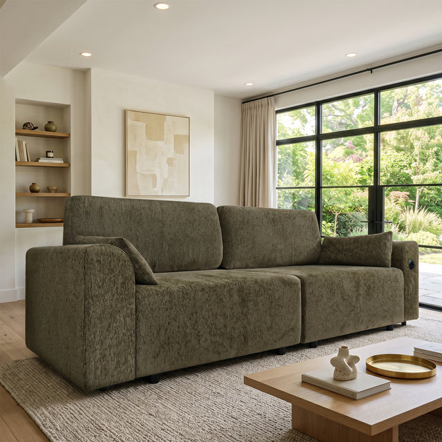 94" 3-in-1 Pull-Out Sleeper Sofa Bed for Living Room, Chenille Olive Green