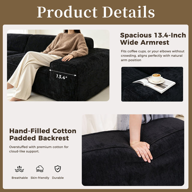 95" Boneless Modular Sectional Couch, Deep Seat Cloud Sofa No Assembly Black Chenille Modular Couch with 24.8" Deep Seat, 30D Solid Foam Core, 2 Washable Pillows, 2-3 Seater Living Room Sofa
