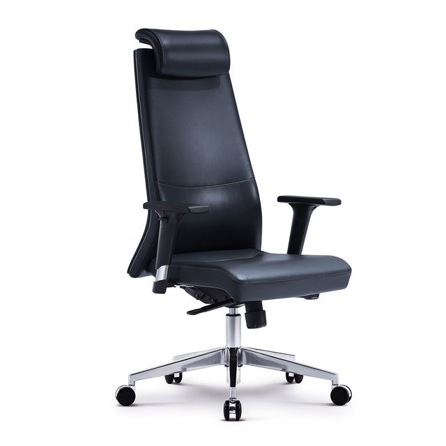 ALFA Ergonomic Executive Leather Office Desk Chair with Head Rest, Height adjustable armrest, Tilt and Lumbar Support, Navy blue, Light Brown