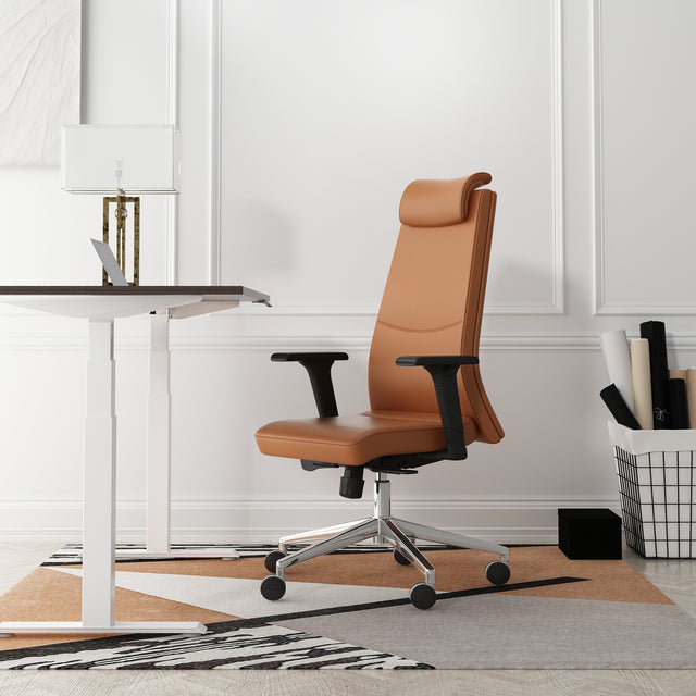 ALFA Ergonomic Executive Leather Office Desk Chair with Head Rest, Height adjustable armrest, Tilt and Lumbar Support, Navy blue, Light Brown