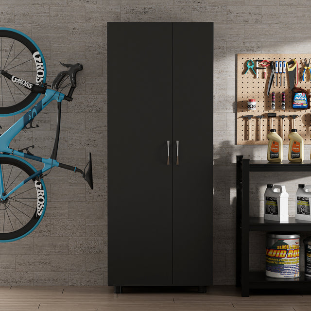 75" H Asymmetrical Storage Cabinet with Adjustable Shelves and Utility Compartment