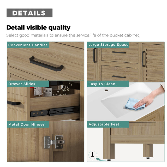 48"W Freestanding Brown Single Bathroom Vanity With Quartz Countertop And Louvered Doors, Pre-Assembled