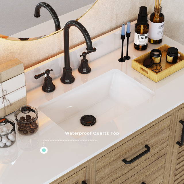 48"W Freestanding Brown Single Bathroom Vanity With Quartz Countertop And Louvered Doors, Pre-Assembled