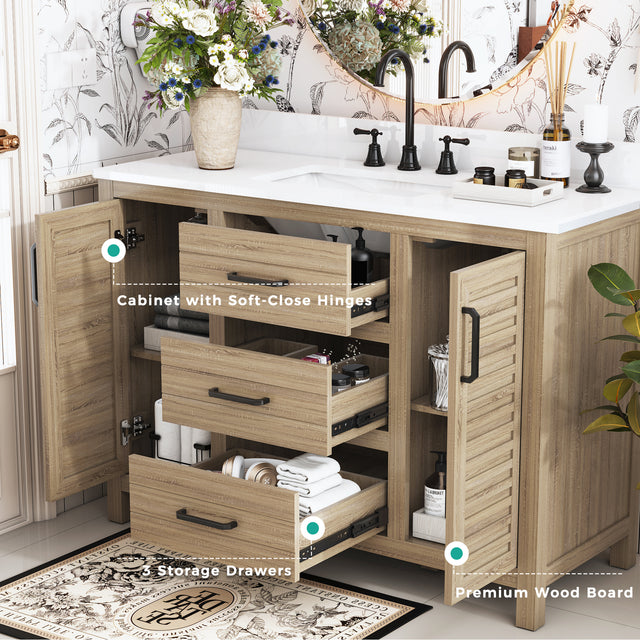 48"W Freestanding Brown Single Bathroom Vanity With Quartz Countertop And Louvered Doors, Pre-Assembled