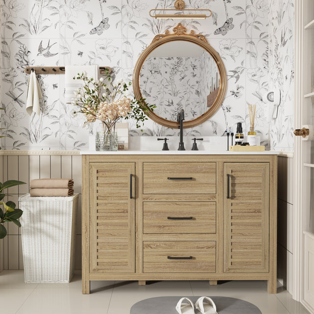 48"W Freestanding Brown Single Bathroom Vanity With Quartz Countertop And Louvered Doors, Pre-Assembled