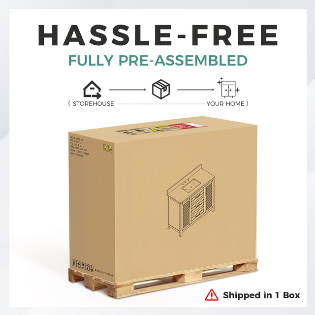 48"W Freestanding Brown Single Bathroom Vanity With Quartz Countertop And Louvered Doors, Pre-Assembled