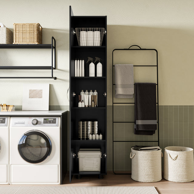 75"H Narrow Pantry Storage Cabinet Single Door with Adjustable Shelves, Freestanding Utility Organizer for Garage, Laundry Room, Pantry, or Office