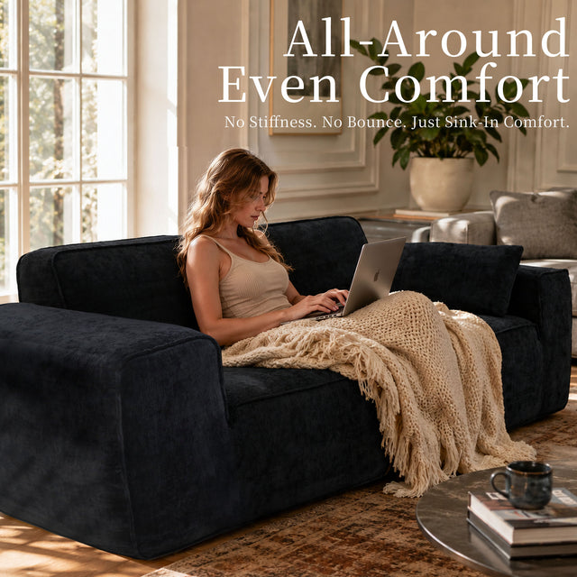 95" Boneless Modular Sectional Couch, Deep Seat Cloud Sofa No Assembly Black Chenille Modular Couch with 24.8" Deep Seat, 30D Solid Foam Core, 2 Washable Pillows, 2-3 Seater Living Room Sofa