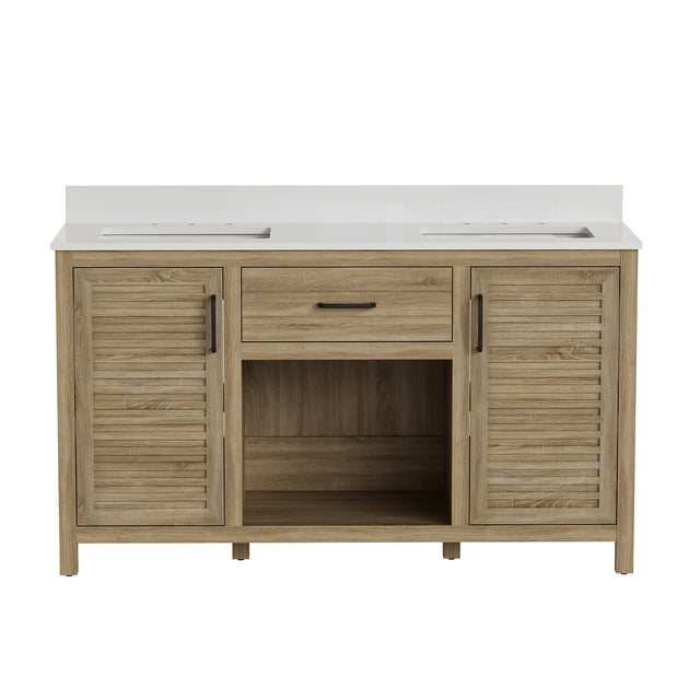 60-Inch Double Sink Bathroom Vanity, Fully Assembled, with Quartz Countertop & cUPC Ceramic Sinks | Wood Grain Finish Vanity Cabinet for Family Bathrooms