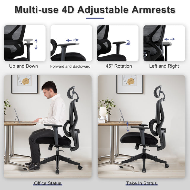 ALFA Ergonomic Adjustable Mesh Office Chair with Neck Support Headrest, Multi-use 4D Adjustable Armrests