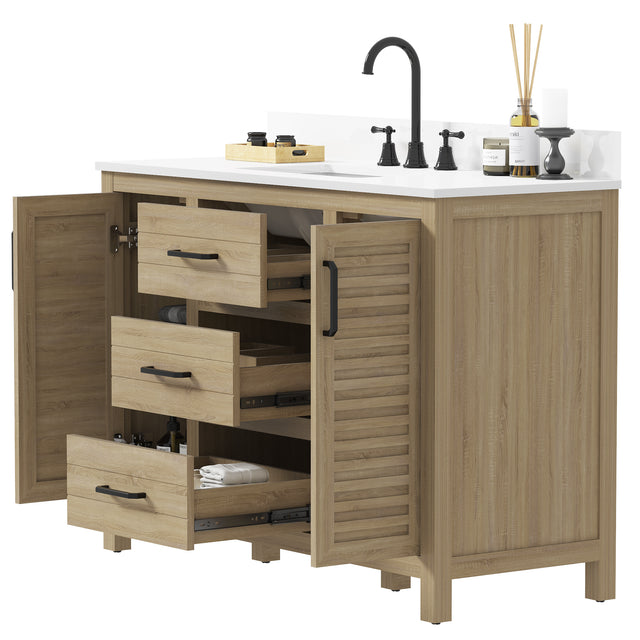 48"W Freestanding Brown Single Bathroom Vanity With Quartz Countertop And Louvered Doors, Pre-Assembled