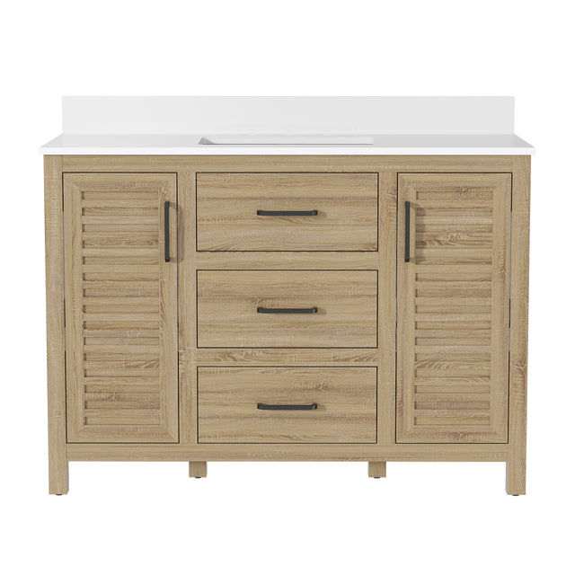 48"W Freestanding Brown Single Bathroom Vanity With Quartz Countertop And Louvered Doors, Pre-Assembled