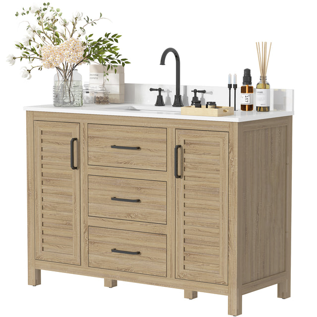48"W Freestanding Brown Single Bathroom Vanity With Quartz Countertop And Louvered Doors, Pre-Assembled