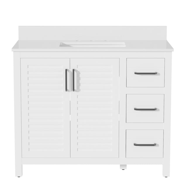 42"W Freestanding Single Bathroom Vanity With White Quartz Countertop And Louvered Doors, Pre-Assembled