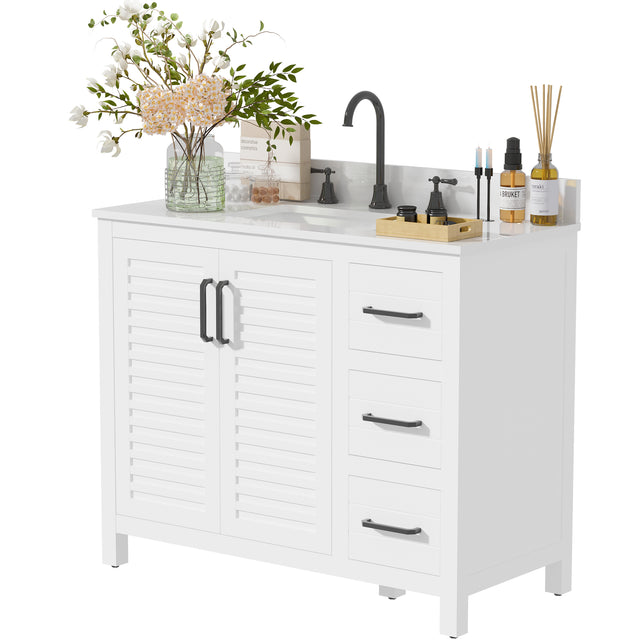 42"W Freestanding Single Bathroom Vanity With White Quartz Countertop And Louvered Doors, Pre-Assembled