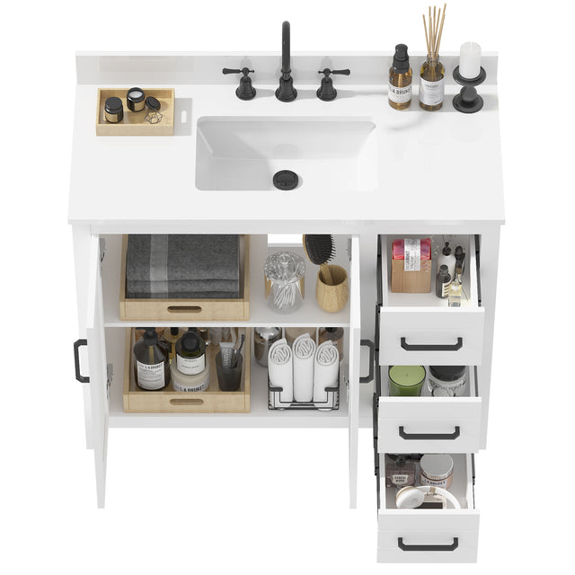 42"W Freestanding Single Bathroom Vanity With White Quartz Countertop And Louvered Doors, Pre-Assembled