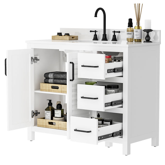 42"W Freestanding Single Bathroom Vanity With White Quartz Countertop And Louvered Doors, Pre-Assembled