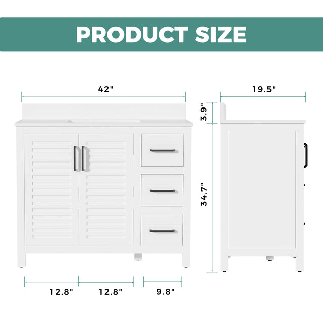 42"W Freestanding Single Bathroom Vanity With White Quartz Countertop And Louvered Doors, Pre-Assembled