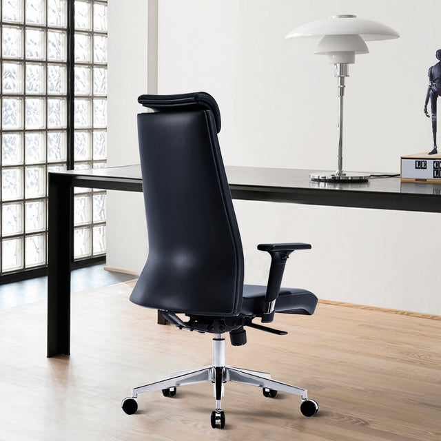 ALFA Ergonomic Executive Leather Office Desk Chair with Head Rest, Height adjustable armrest, Tilt and Lumbar Support, Navy blue, Light Brown