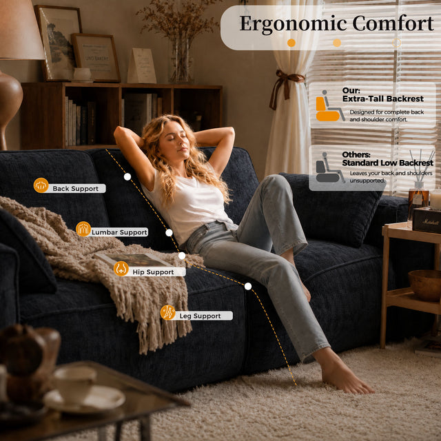 95" Boneless Modular Sectional Couch, Deep Seat Cloud Sofa No Assembly Black Chenille Modular Couch with 24.8" Deep Seat, 30D Solid Foam Core, 2 Washable Pillows, 2-3 Seater Living Room Sofa