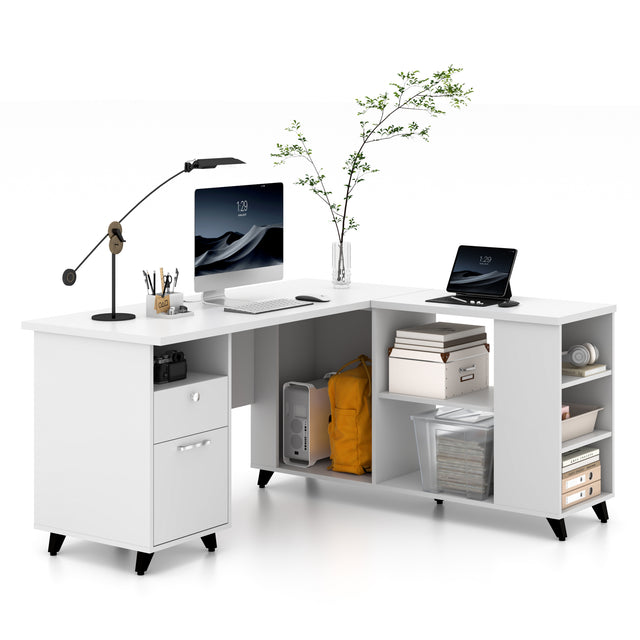 L Shaped Executive Desk With Drawers And Open Storage Shelves