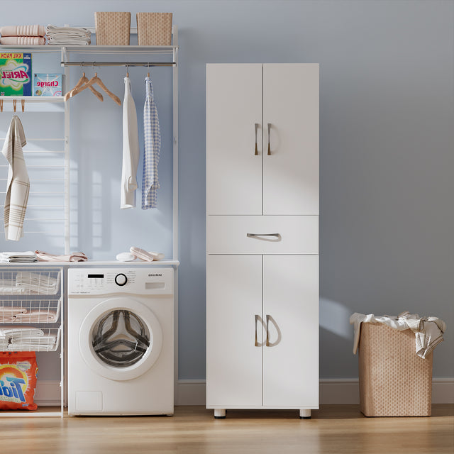 75" Home Storage Cabinet with Drawer and Adjustable Shelves, Freestanding Unit for Pantry, Laundry, Office – Garage Option