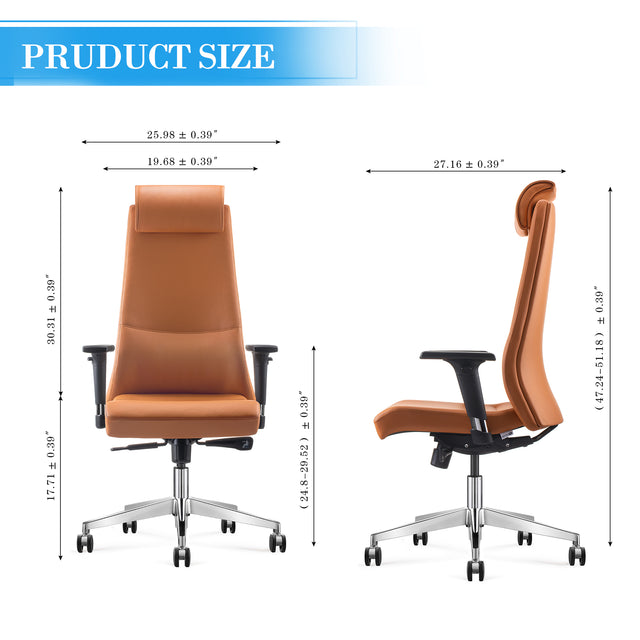 ALFA Ergonomic Executive Leather Office Desk Chair with Head Rest, Height adjustable armrest, Tilt and Lumbar Support, Navy blue, Light Brown