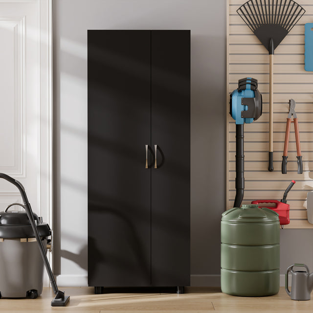 75" H Asymmetrical Storage Cabinet with Adjustable Shelves and Utility Compartment