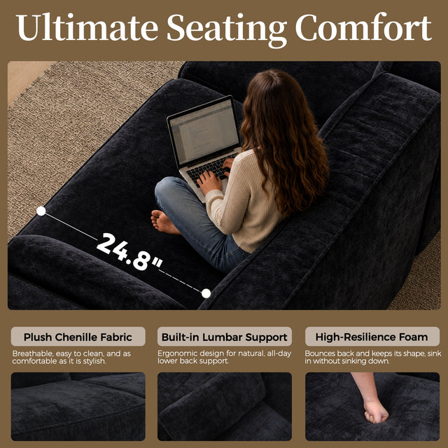 95" Boneless Modular Sectional Couch, Deep Seat Cloud Sofa No Assembly Black Chenille Modular Couch with 24.8" Deep Seat, 30D Solid Foam Core, 2 Washable Pillows, 2-3 Seater Living Room Sofa