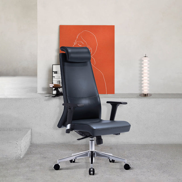 ALFA Ergonomic Executive Leather Office Desk Chair with Head Rest, Height adjustable armrest, Tilt and Lumbar Support, Navy blue, Light Brown