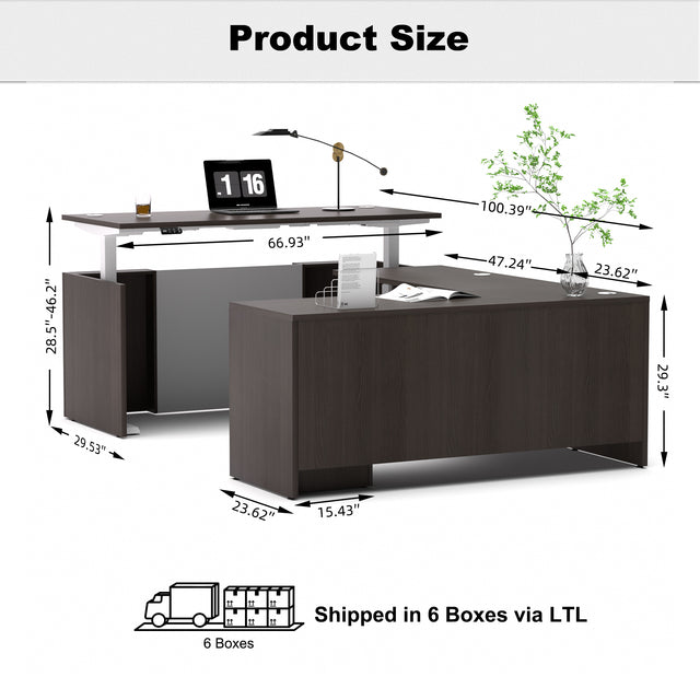 U-Shaped Adjustable Height Executive Standing Desk with Electric Dual Motor Lift, 3-Drawer Locking Pedestal, and Reversible Bridge