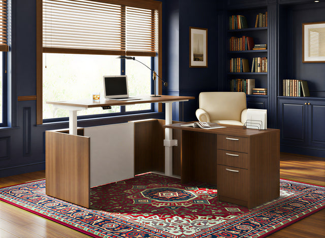 Height Adjustable L-Shaped Executive Standing Desk with Dual Motor Lift System, Programmable Memory Controller, and Lockable 3-Drawer Pedestal