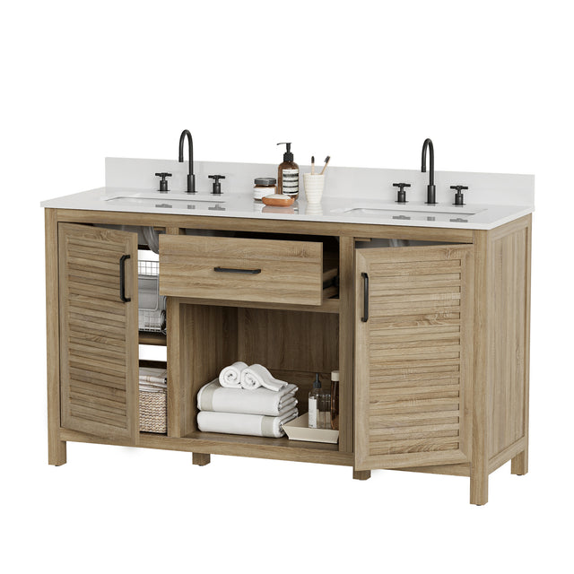 60-Inch Double Sink Bathroom Vanity, Fully Assembled, with Quartz Countertop & cUPC Ceramic Sinks | Wood Grain Finish Vanity Cabinet for Family Bathrooms
