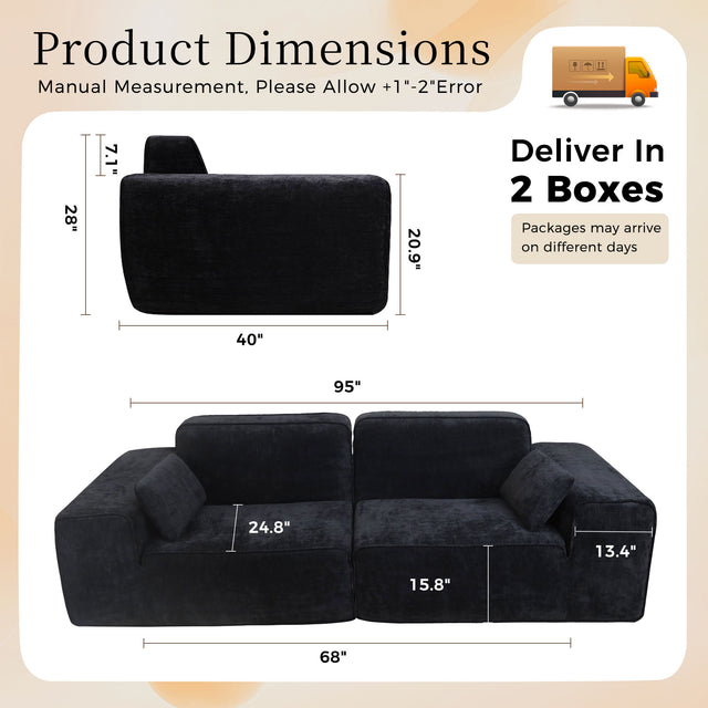 95" Boneless Modular Sectional Couch, Deep Seat Cloud Sofa No Assembly Black Chenille Modular Couch with 24.8" Deep Seat, 30D Solid Foam Core, 2 Washable Pillows, 2-3 Seater Living Room Sofa