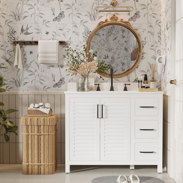 42"W Freestanding Single Bathroom Vanity With White Quartz Countertop And Louvered Doors, Pre-Assembled