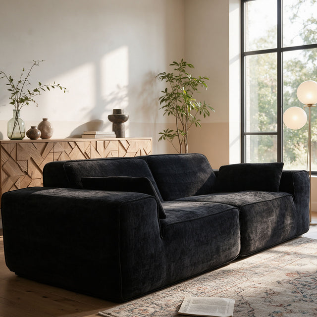 95" Boneless Modular Sectional Couch, Deep Seat Cloud Sofa No Assembly Black Chenille Modular Couch with 24.8" Deep Seat, 30D Solid Foam Core, 2 Washable Pillows, 2-3 Seater Living Room Sofa