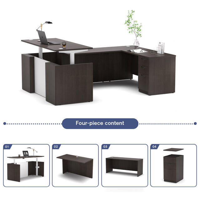 U-Shaped Adjustable Height Executive Standing Desk with Electric Dual Motor Lift, 3-Drawer Locking Pedestal, and Reversible Bridge
