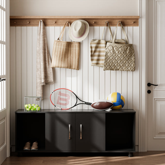 2-Door Storage TV Stand with Open Cubbies for Living Roomor Bedroom | Shoe Organizer Bench for Entryway