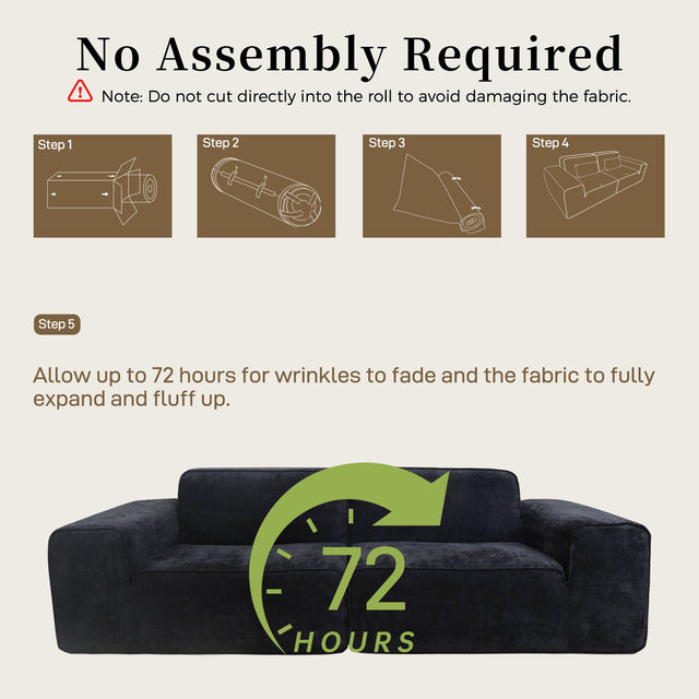 95" Boneless Modular Sectional Couch, Deep Seat Cloud Sofa No Assembly Black Chenille Modular Couch with 24.8" Deep Seat, 30D Solid Foam Core, 2 Washable Pillows, 2-3 Seater Living Room Sofa