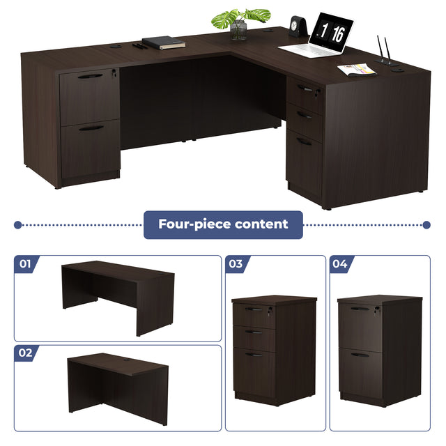GINO Collection | L-shaped Executive Office Desk with 3 Drawer Cabinet and 2 Drawer Cabinet