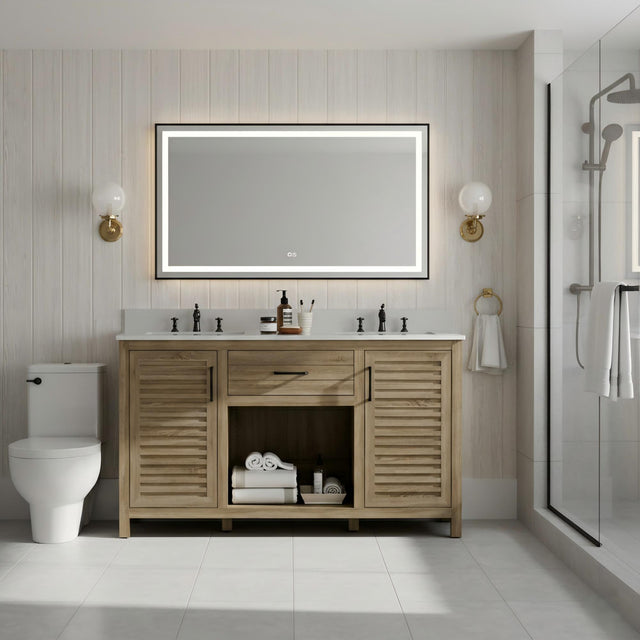 60-Inch Double Sink Bathroom Vanity, Fully Assembled, with Quartz Countertop & cUPC Ceramic Sinks | Wood Grain Finish Vanity Cabinet for Family Bathrooms