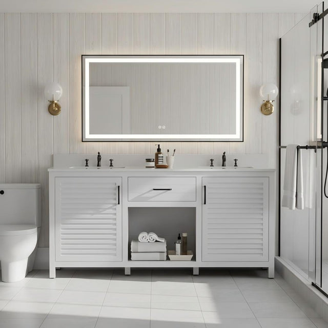 72-Inch Fully Assembled Double Sink Bathroom Vanity with Quartz Countertop & cUPC Ceramic Sinks | Modern White Freestanding Vanity Cabinet