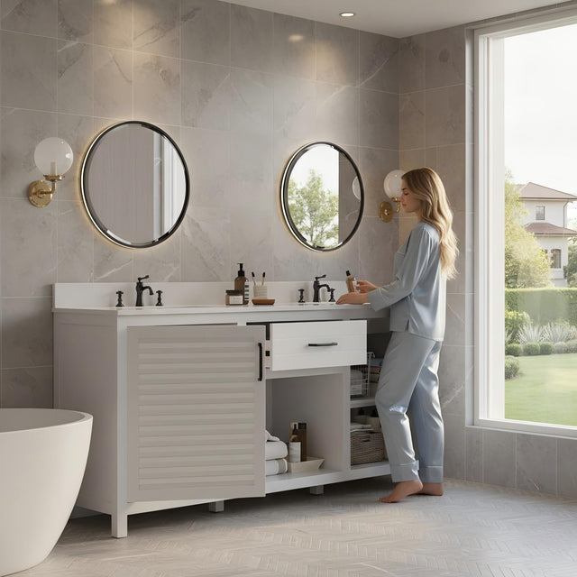 72-Inch Fully Assembled Double Sink Bathroom Vanity with Quartz Countertop & cUPC Ceramic Sinks | Modern White Freestanding Vanity Cabinet