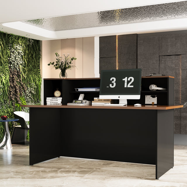 ALFA Rectangle Manufactured Wood Reception Desk with Open Shelves — 71" Wide Front Desk with Cable Management and Privacy Panel