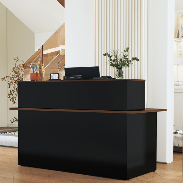 ALFA Rectangle Manufactured Wood Reception Desk with Open Shelves — 71" Wide Front Desk with Cable Management and Privacy Panel